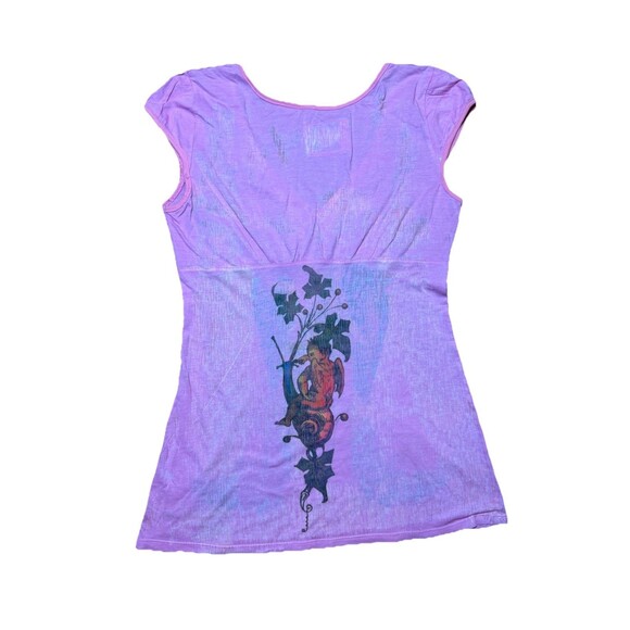 Y2K Butterfly Dropout Foxy People Babydoll Top – Med Pink Tattoo Graphic V-Neck - Picture 3 of 11